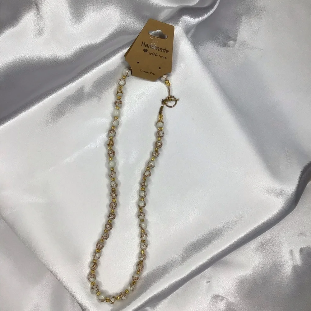 Handmade White and Gold Beaded Necklace, Earring, & Bracelet Set